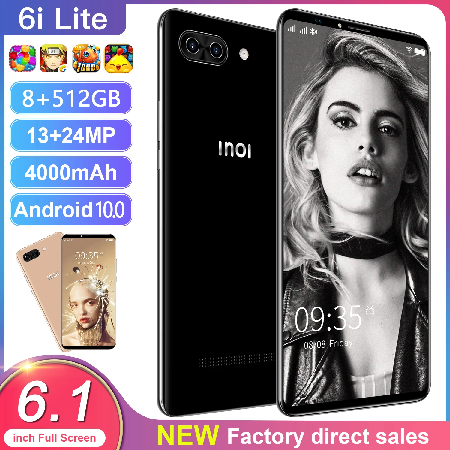 New Global Version 6i Lite 6.1Inch Smartphone 4000mAh 12+512G Support Face Unlock Dual SIM 5G Network Android Cellphone