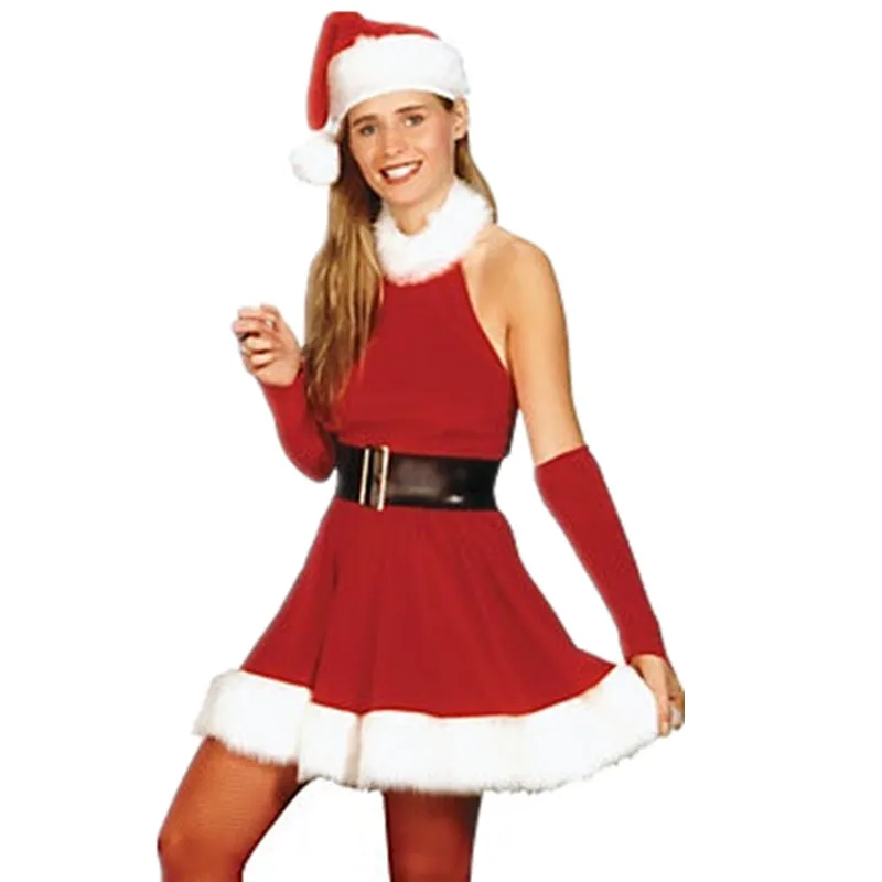 4 шт., женское бархатное рождественское платье без бретелек, сексуальный женский Рождественский костюм, костюм Санты, плюшевое теплое нарядное плиссированное платье - Цвет: Красный