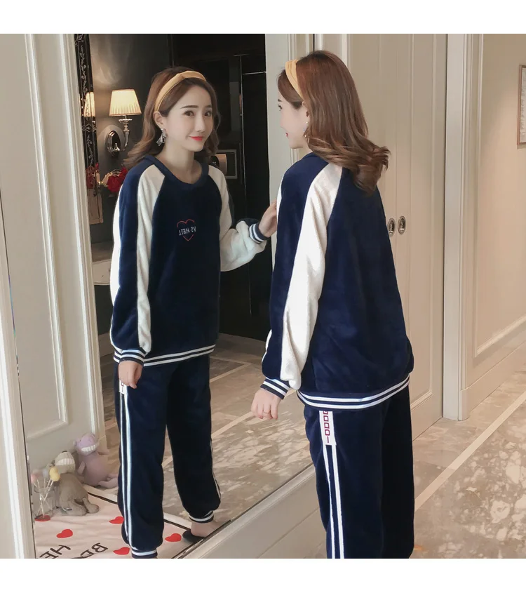 Casual Striped Thick Warm Flannel Pajamas Sets For Women Winter Long Sleeve Coral Velvet Pyjama Sleepwear Homewear Clothing