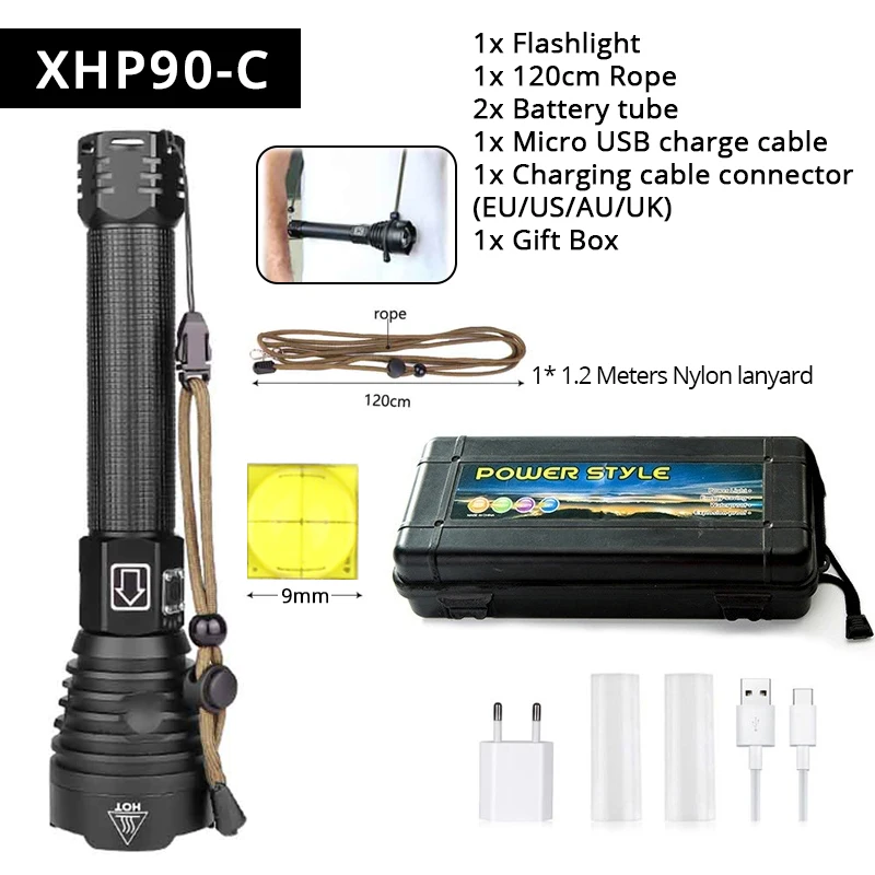 Мощный светодиодный фонарь XHP90, 3 режима освещения, перезаряжаемый через USB, водонепроницаемый, телескопический, супер яркий, охотничий, тактический фонарь - Испускаемый цвет: XHP90-C