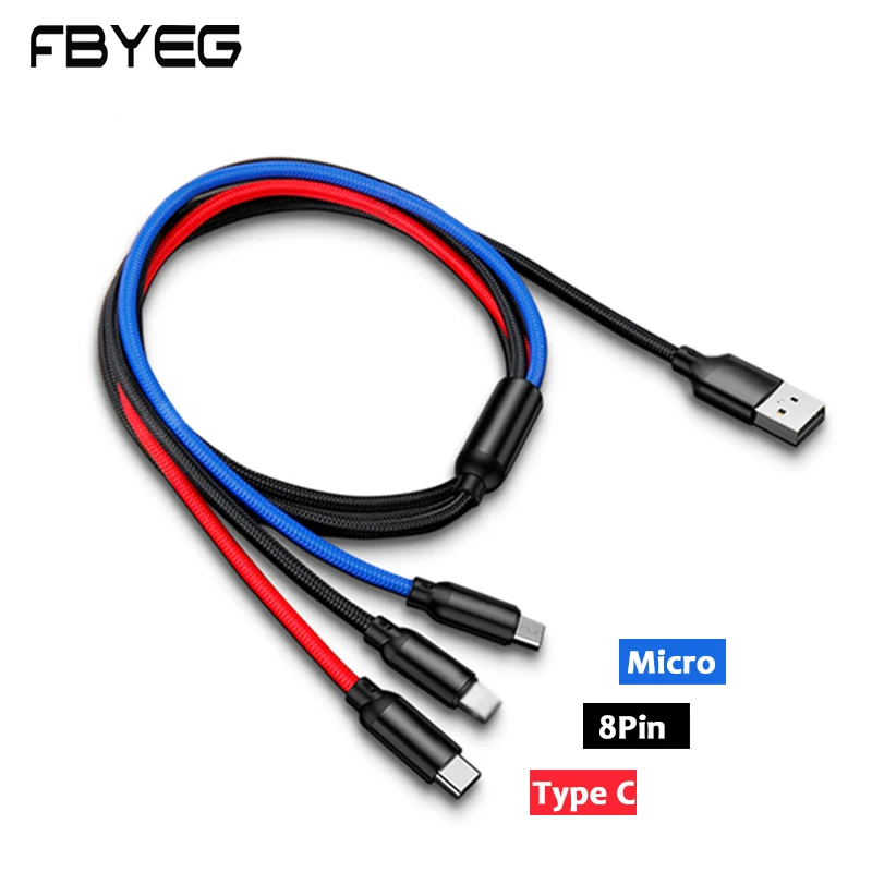 FBYEG 3 в 1 Usb кабель Тип C 8 Pin микро мобильный телефон кабели для IOS X Xs 8 7 6 S9 S8 провод для быстрой зарядки
