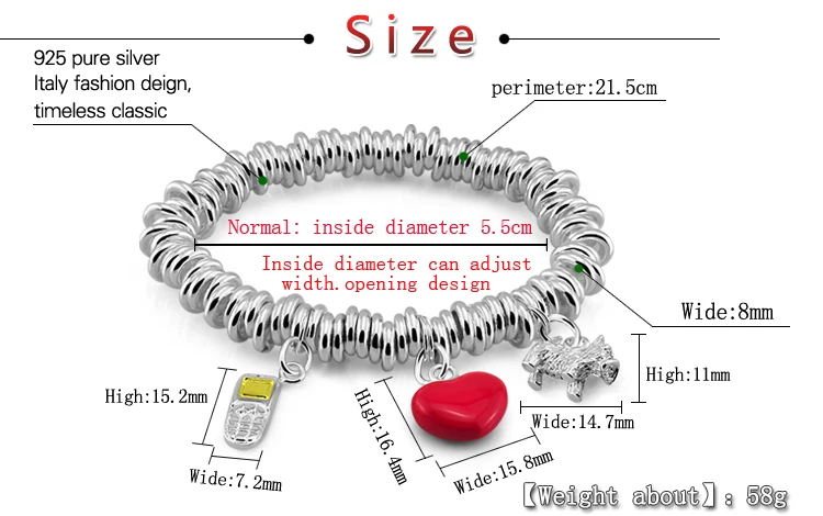 Трехсекционный очаровательный браслет для мобильного телефона/в форме сердца/щенка, браслет из стерлингового серебра 925 пробы, Женские Ювелирные изделия в европейском стиле