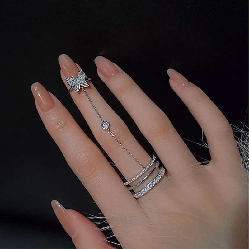Women Double Finger Chain Rings Set Tassel Butterfly Cross Punk Jewelry Ring Set Chain Ring Finger Ring
