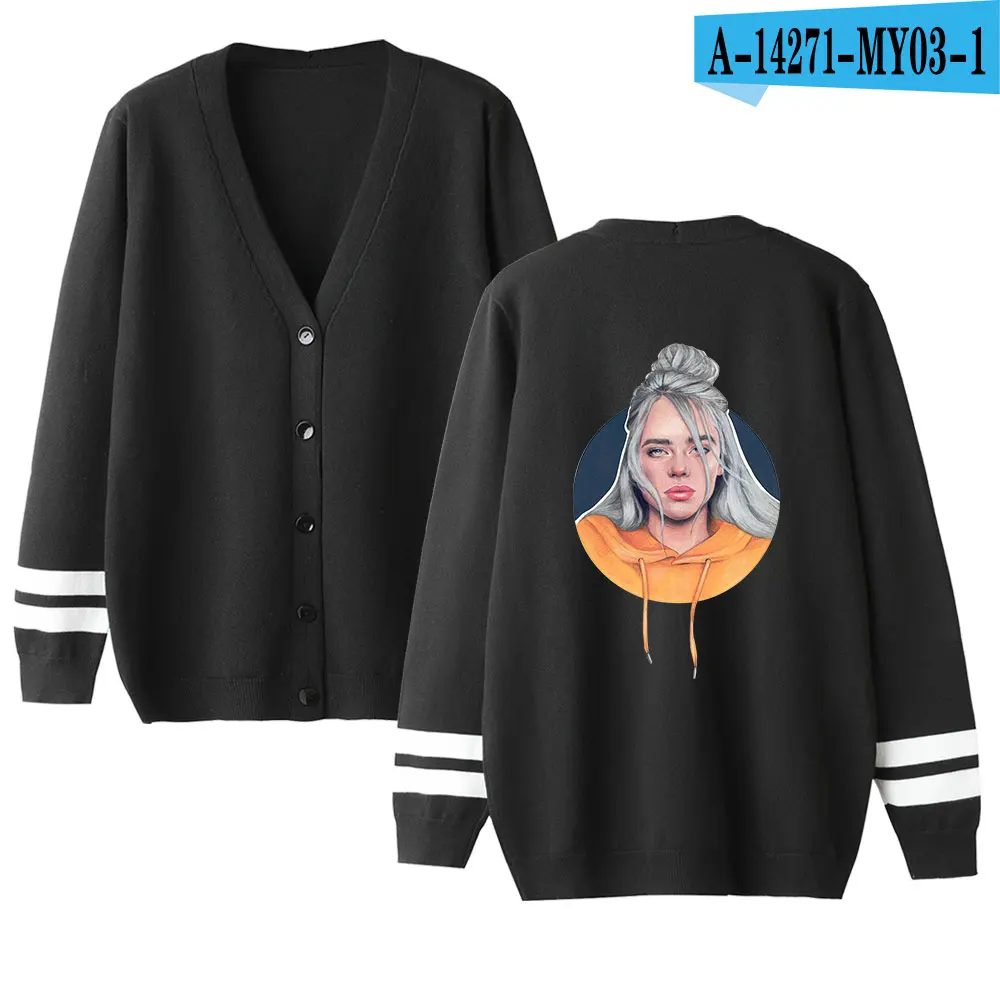 Billie Eilish женский/мужской осенний/Зимний женский вязаный кардиган размера плюс, пальто, Маленькая шаль, вязаная одежда в стиле хип-хоп, Billie Eilish, свитер - Цвет: black