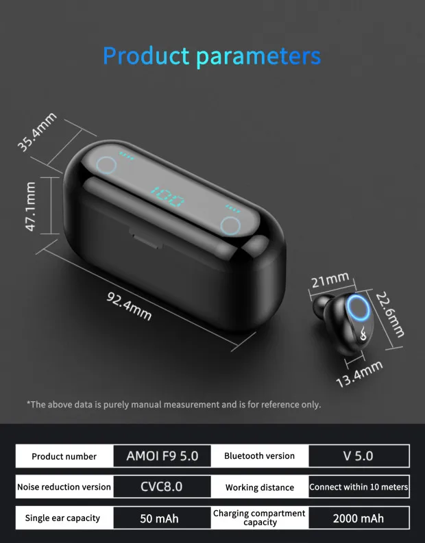 F9 беспроводные наушники V5.0 Bluetooth светодиодный дисплей наушники HIFI мини с 2000 мАч Внешний аккумулятор гарнитура с микрофоном для IOS/Android