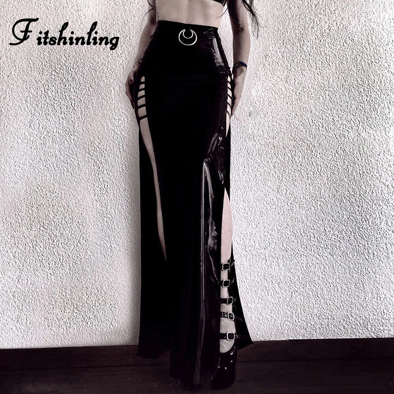 Длинная юбка Fitshinling Goth из искусственной кожи черная с боковыми разрезами
