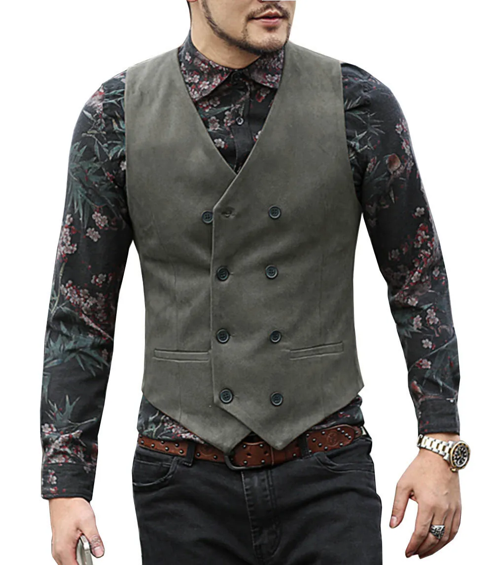 Mens Casual Suit Vest V Neck Suede Double-breasted Slim Fit Waistcoat Business Groomman For Wedding