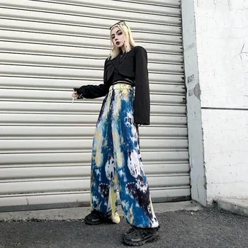 

Casual trousers women 2020 autumn new Korean version Harajuku style personality splash ink tie-dye drape wide-leg pants trendy