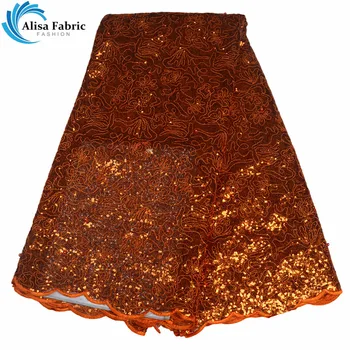 

New style orange sequins lace fabric embroidered with beads french lace fabric high quality 2019 african laces fabrics for dress
