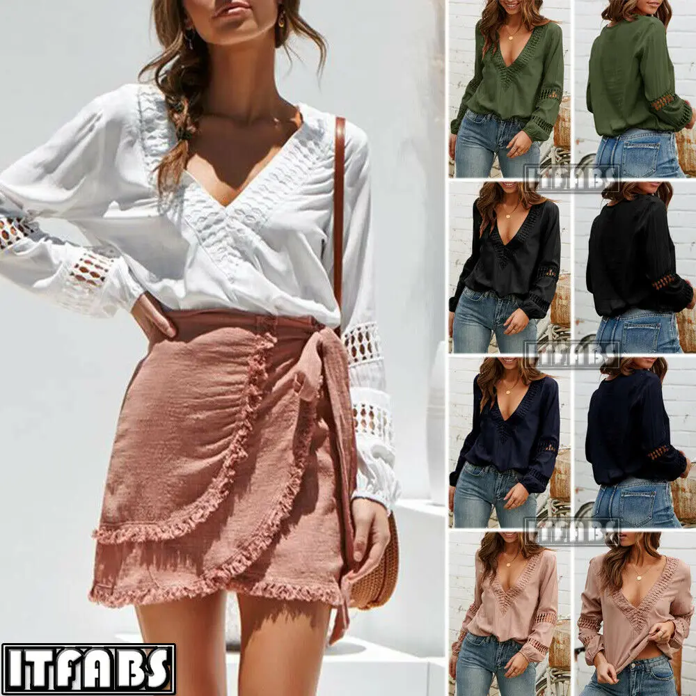 

Autumn New Women Fashion Chic Long Sleeve V-Neck Solid Color Floral Lace Crochet Modern Ladies Casual Loose T-Shirts 2019 Hot