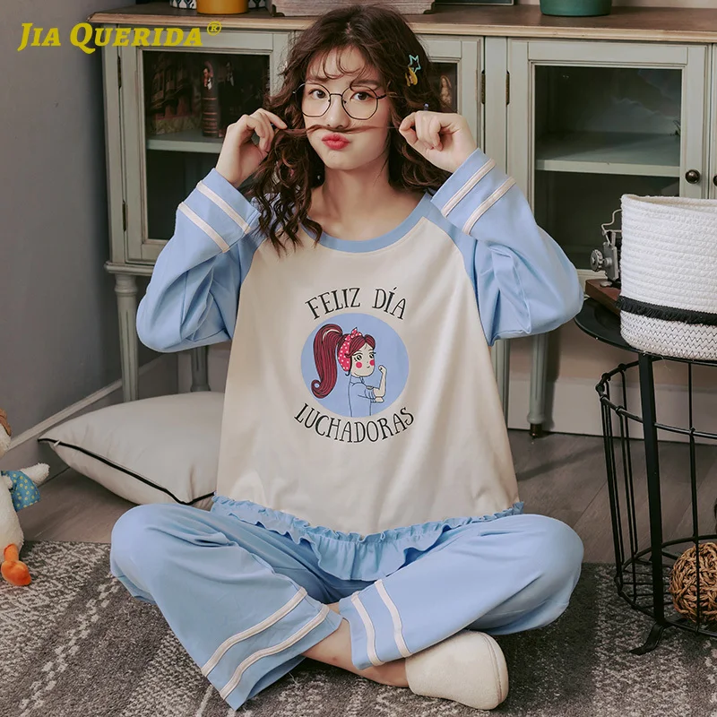 Spring Blue Top Blue Pants Cartoon Printing Pajamas Set Homesuit Homeclothes Fashion Style Long Sleeve Long Pants Sleepwear