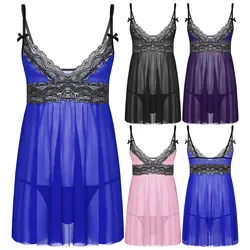 #M-XXL Mens Sissy Sheer Lace Mesh Lingerie Adjustable Straps Deep V Neck Lace Trim Chemise with Panties Pajama Sleepwear