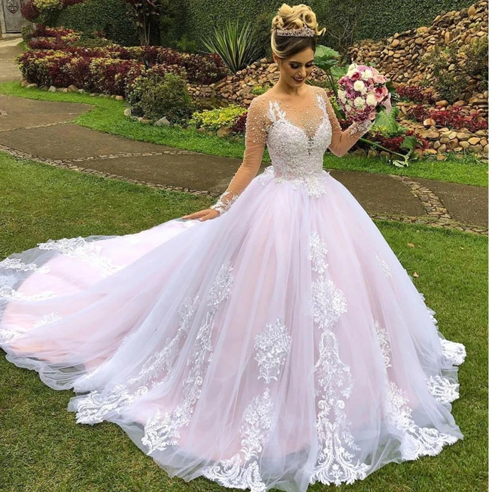 católico patata barbería Vestidos de novia de princesa rosa, ropa de boda de encaje con apliques de  perlas, cuello transparente, mangas largas, vestidos de novia de jardín  2022|Vestidos de novia| - AliExpress