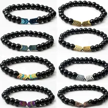 Lava Stone мужской браслет натуральный лунный камень Йога браслет цвет гематит Ручной весенний бисер браслет