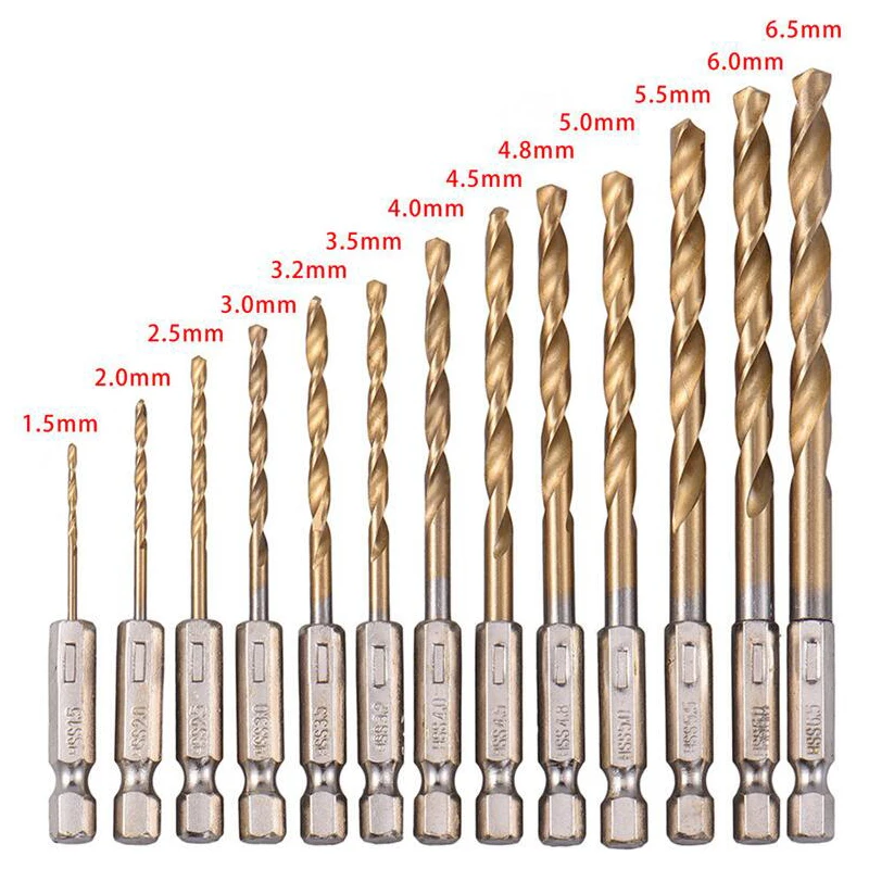  13pcs/set HSS Titanium Coating Drill Bit Set 1/4 Hex Shank 1.5-6.5mm for wood and plastic plate