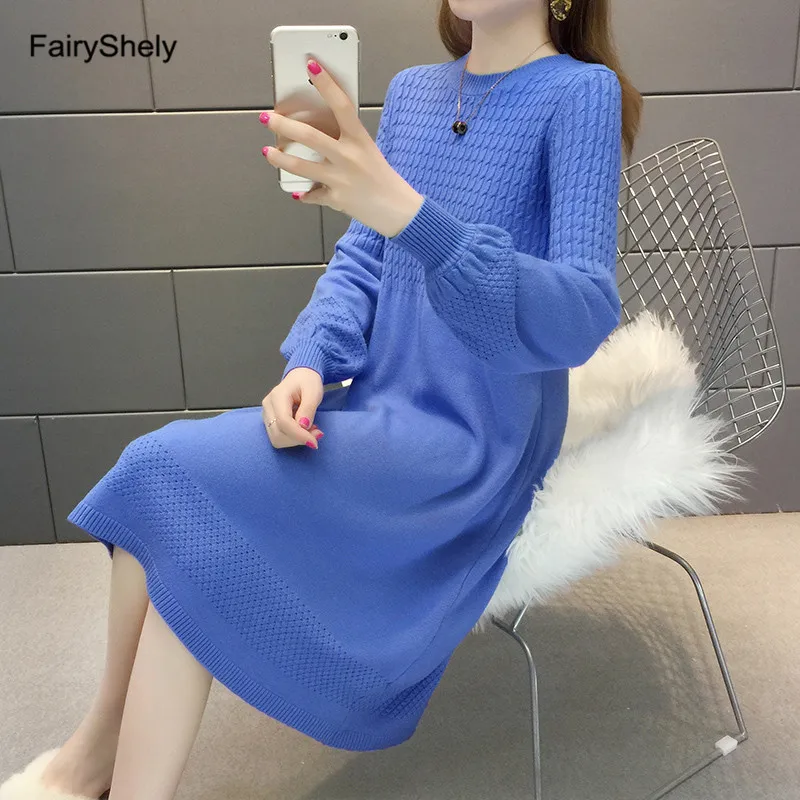 Fairyshely, женское платье-свитер, Осень-зима, с длинным рукавом, теплое платье, элегантное, трапециевидный пояс, вязаный пуловер, платья для женщин