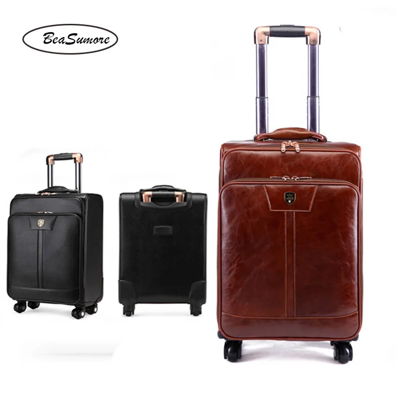 BeaSumore Men PU Leather Rolling Luggage Spinner 24 inch Retro Wheel ...