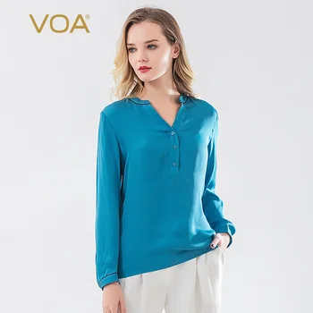 

VOA 100% mulberry silk half open collar long sleeve contrast color piping button decoration loose and comfortable T-shirt BD1021