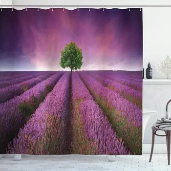 

Purple Shower Curtain, Romantic Lavender Fields Panoramic View Print Tree and Violet Sky Picture, Cloth Fabric Bathroom Decor