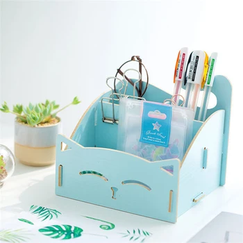 

Cute Cat Diy Pen Holder Wooden Multi-function Desktop Storage Box