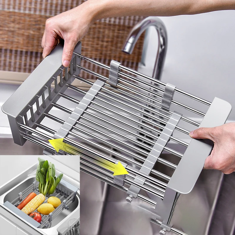 Выдвижная кухонная сливная корзина из нержавеющей стали регулируемая для посуды