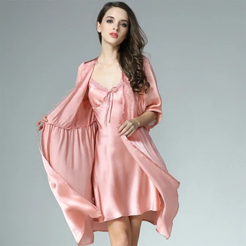 

100 Silk Robe Women 100% Pure Silk Pajamas Sets Two-piece Suit Sexy Lace Nightdress Sleepwear For Ladies Pink Sleepshirts