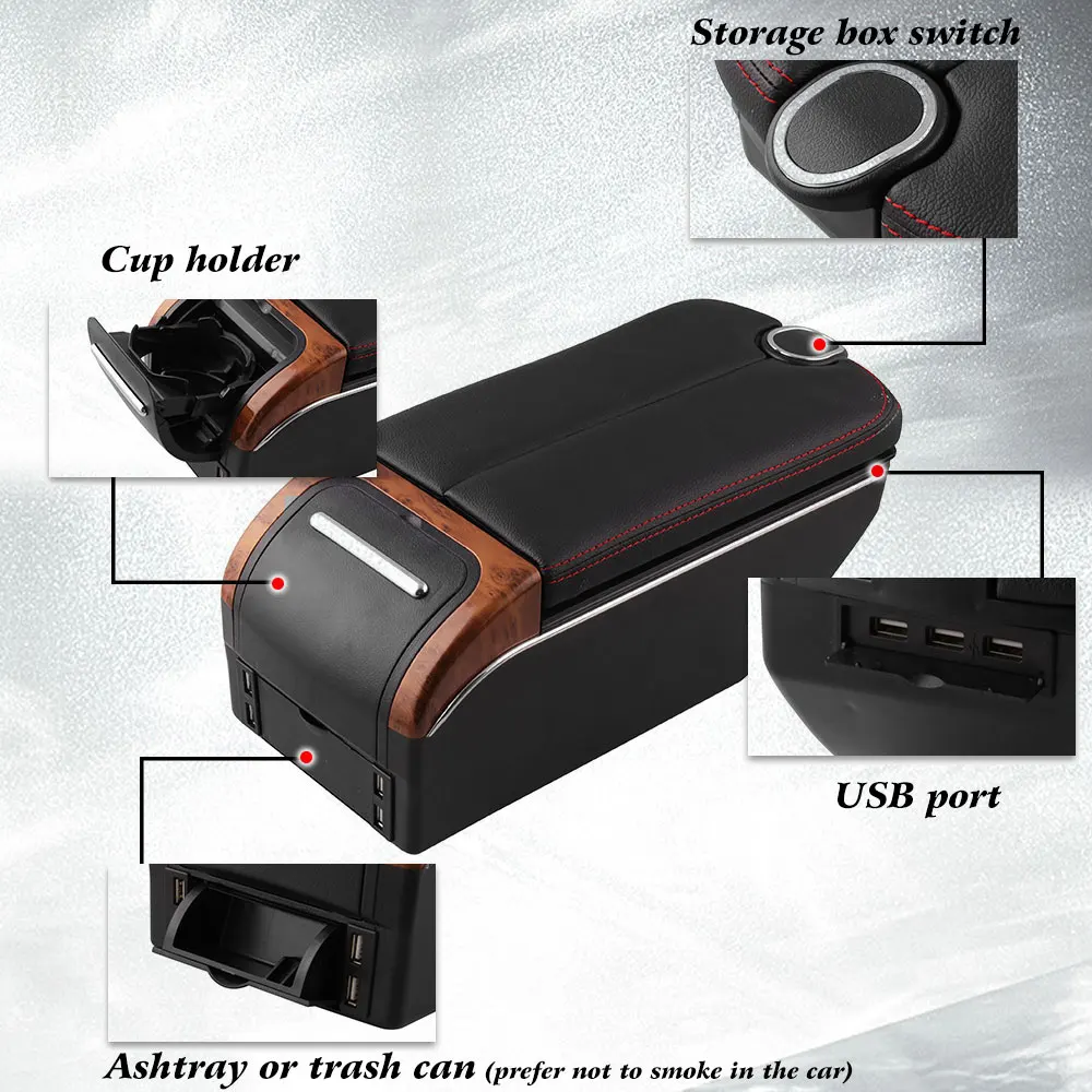 Armrest Center Console Storage Box Wood Grain Charging Arm Rest Box USB Charger with Double Open Doors For Suzuki Swift