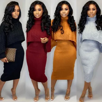 

Europe and the United States fashion autumn and winter 2019 hit the market women's fashion turtleneck sweater wool dress two-pie