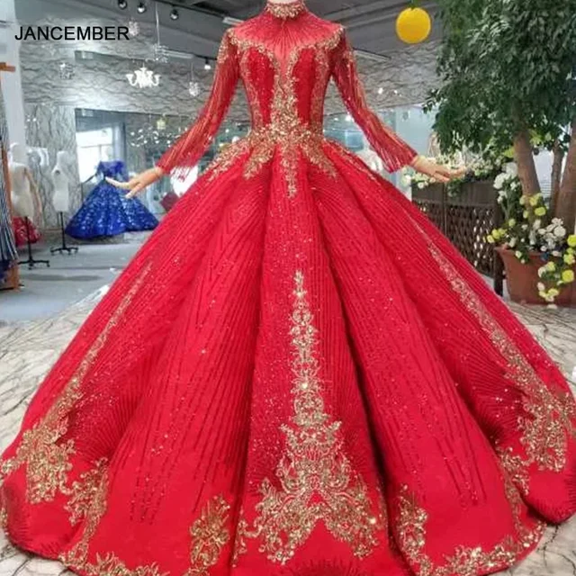 LS11238 ball gown red bridal wedding party dresses floor length high neck long sleeves prom dresses pleat evening dresses women 1