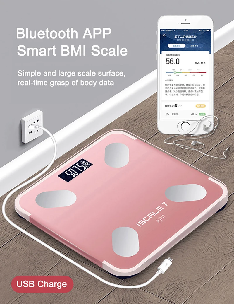 Precision Measuring Analytical Body Fat Rechargeable Calorie Balances Bluetooth Smart Bathroom Scale