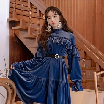 

2020 Retro Palace Style Blue Velvet Dress Elegant Fashion Chic Ruffles Flare Sleeve Women High Low Irregular Dress With Belt