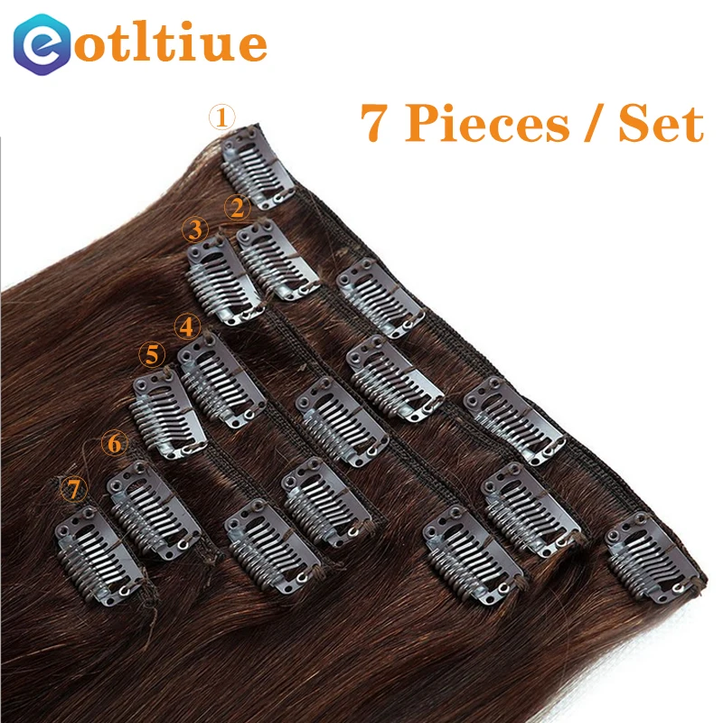 Eotltiue Clip In Hair Extensions Human Hair Clip 100 Gram 7 pcs/set Machine Made Colored Remy Straight Natural Clip-on