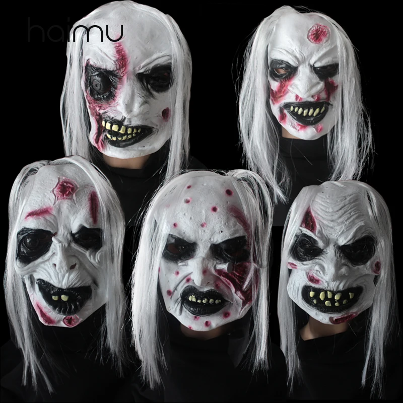 

Halloween Film Terror Props Cosplay Tooth Zombie White Hair Horror Scary Goast Full Face Carnival Party Mask Headgear