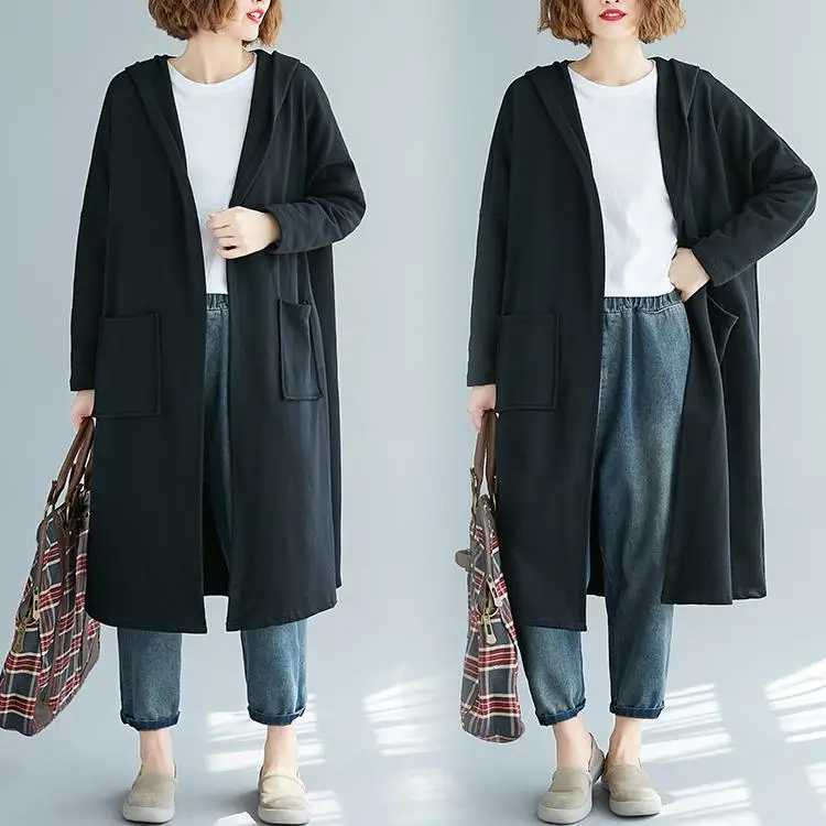 Большие размеры с капюшоном длинное пальто для женщин Мода осень более размер d пальто хлопок Женская одежда свободный черный кардиган