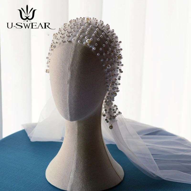 

Beautiful Bride Headdress Pearl Hair Accessories Handmade Beaded Veil Bridal Veil Velos De Novia Wedding Veils for Wedding Dress
