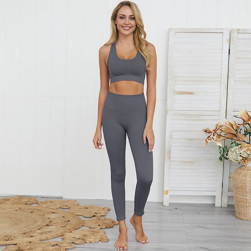 SALSPOR, Женский бесшовный комплект для йоги, спортивный костюм для спортзала, однотонный, с высокой талией, для бега, для тренировок, спортивная одежда, YogaTraining Fitnessswear - Цвет: Gray