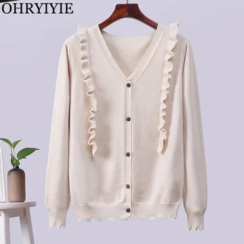 

OHRYIYIE Sweet Womens V-neck Cardigan Sweater Female Autumn Winter Singe Breasted Knitted Cardigans Beige Long Sleeve Knit Tops