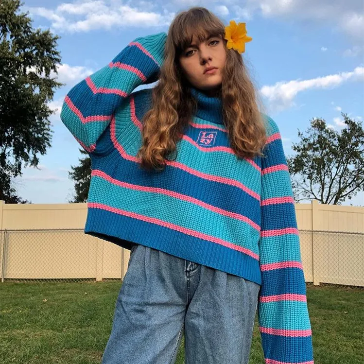 

Women Striped Roll Neck Pullover Sweater With Embroidered Letters Lazy Turtleneck Sweater Oversized Block Knitted Pullover