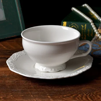 

European-style mocha coffee cup, match-level pull flower, cappuccino white ceramic large cup and saucer, 350ml LB60902