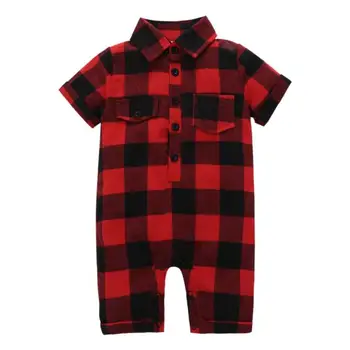 

Summer Plaid Girl Boy Button Jumpsuit Excellent Durable Cotton Fabric Process Baby Kid Bodysuit Turn Down Collar Rompers