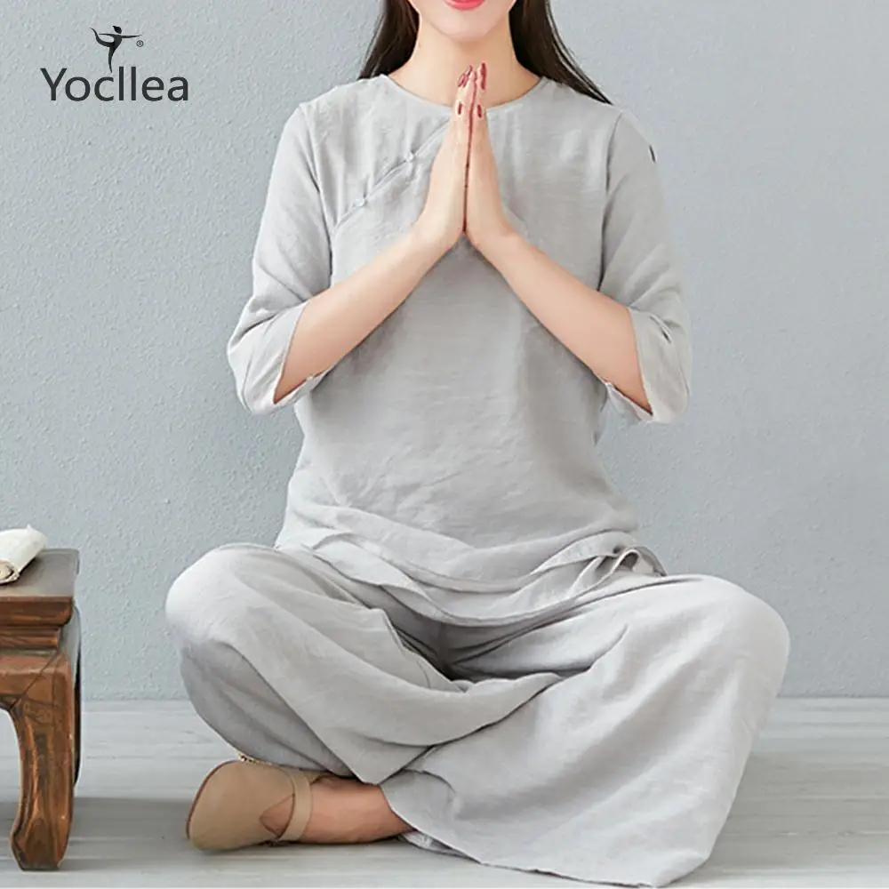 Летний повседневный комплект из 2 предметов Taiji хлопково-льняные брюки с широкими