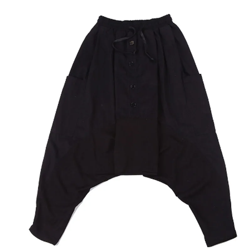 Homens estilo jap&atilde;o solto casual para baixo virilha harem cal&ccedil;as masculino streetwear hip hop cal&ccedil;as g&oacute;ticas masculino joggers s