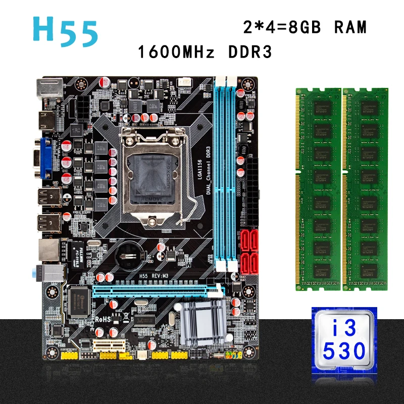 

H55 motherboard set kit with LGA 1156 Intel core I3-530 2.93GHZ CPU 8GB(2*4G) 1600MHz DDR3 PC desktop memory RAM Micro-ATX