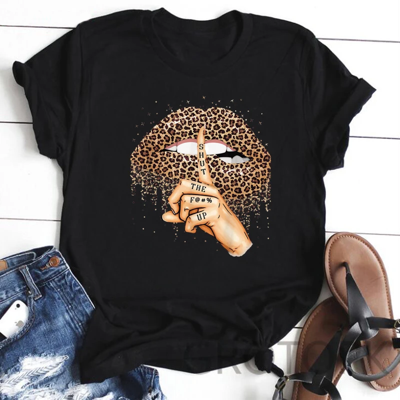 ZOGANKIN Summer Fashion Shirt Lips Leopard Graphic T Shirt Women Tops Base O-neckBlack Tees Kiss Leopard Lip Funny Girls Tshirt