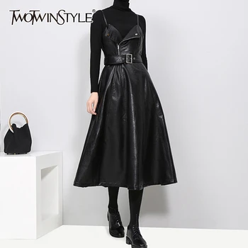 

TWOTWINSTYLE PU Leather Slim Dresses For Women Square Collar Spaghetti Strap High Waist Dress Female Fashion Clothing 2020 Tide