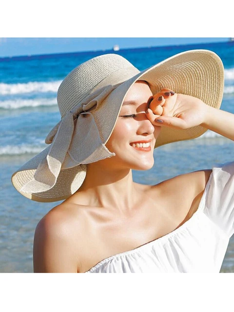 Sommer Frauen Stroh Hut Bowknot Breite Krempe Floppy Panama Hüte Weibliche Dame Outdoor Faltbare Strand Sonne Kappe_voghion.com