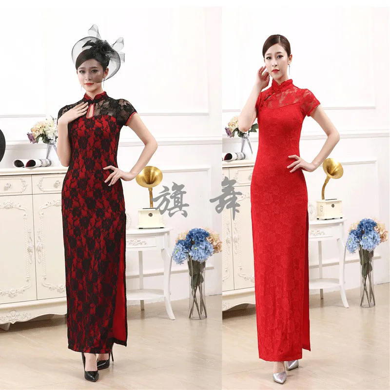 Cheongsam Китайский(Традиционный) Для женщин этап длинное платье Производительность летнее кружевное платье короткий рукав Qipao пикантные Разделение большой Размеры 3XL 4XL 5XL