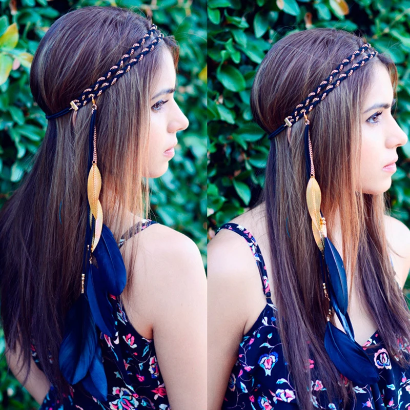 

Feather Headband, European and American Double-layer Chain Braided Headband, Colorful Feather Leaf Pendant, Boho Headwear