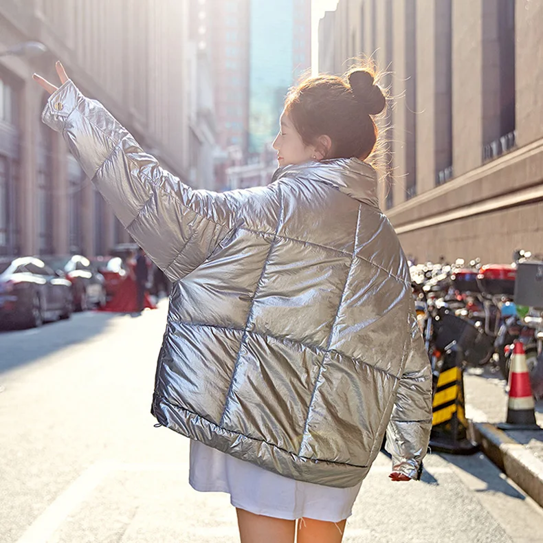 FORERUN Winter Bubble Jacket Women Oversized Glossy Silver Standard Collar Coat Cotton Padded Parkas Manteau Femme Hiver
