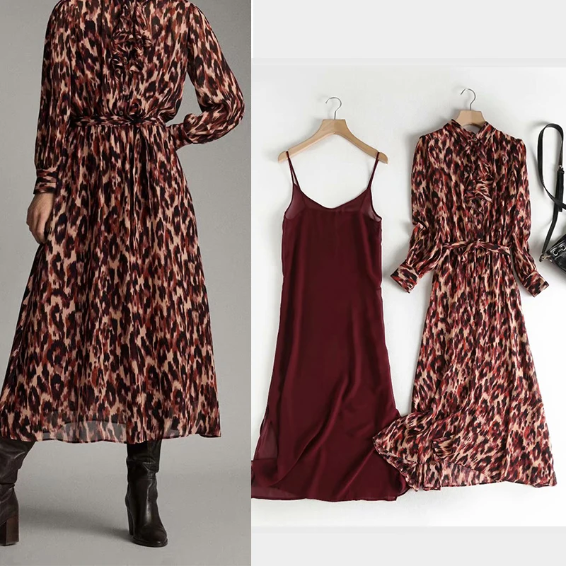 Женское платье с леопардовым принтом Za шифоновое винтажное до середины икры